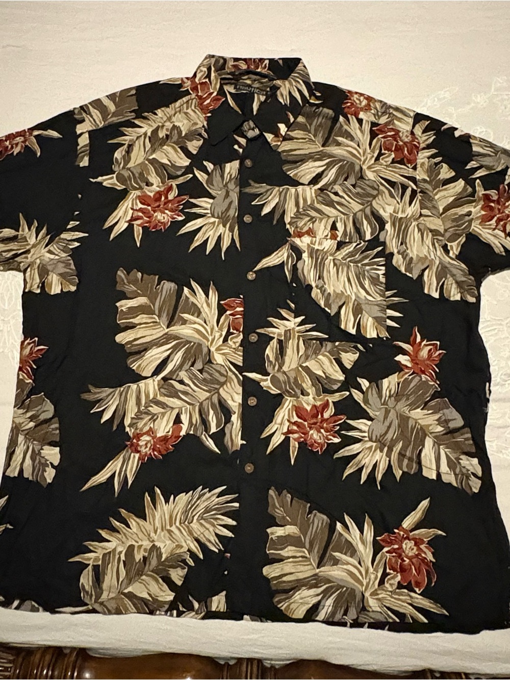 Nautica Black Tropical Button-Down Shirt with Red Floral Accents